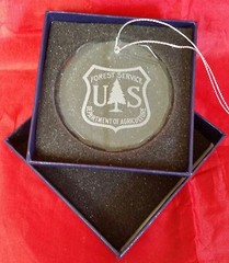 USFS Forest Service Dept of Agriculture Beveled Crystal Ornament Blue Gift Box
