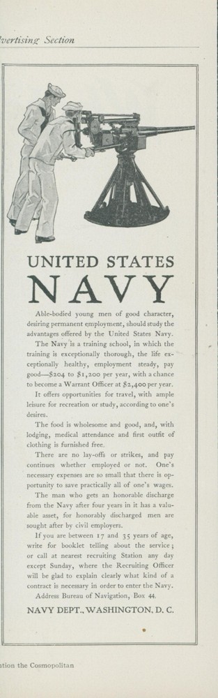 1910 United States Navy Dept Sailors Gun Recruitment Good Food Vtg Print Ad CO2