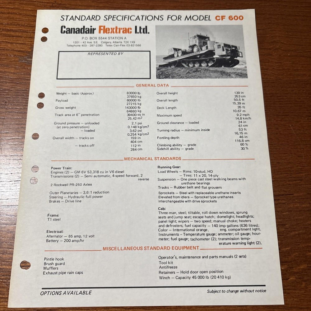 VTG 1974 Canadair Flextrac CF 600 Canadian Military Vehicle Marketing Sheet