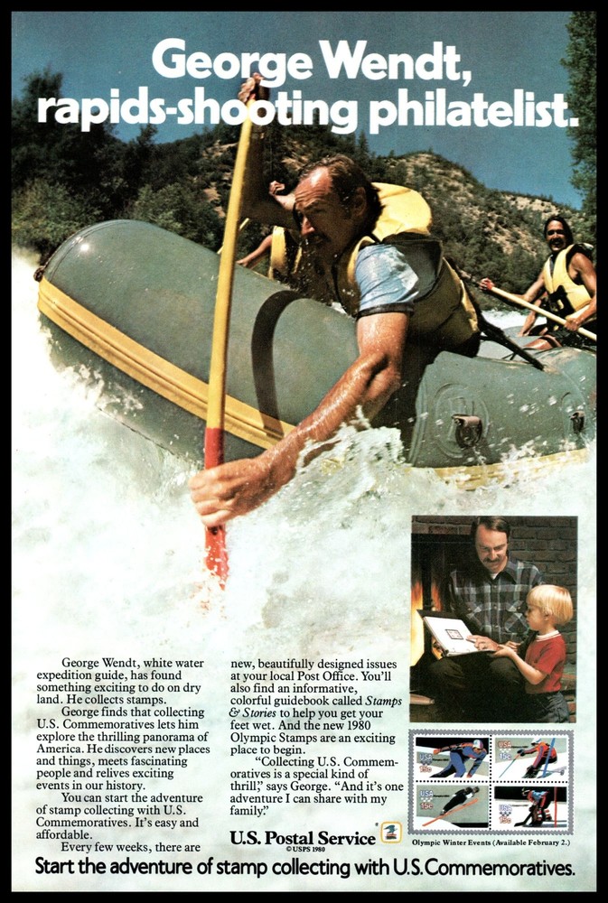 1980 USPS Philatelist Stamp Collecting Vintage Print Ad River Rapids Rafting Art